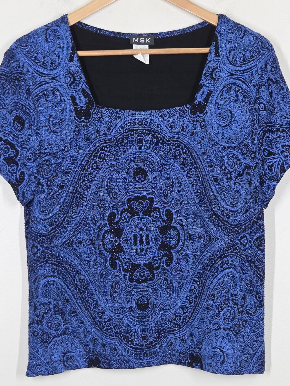 Vtg 90s Y2K Blue Glitter Sparkle Paisley Damask Top XL Fairy Grunge Whimsigoth